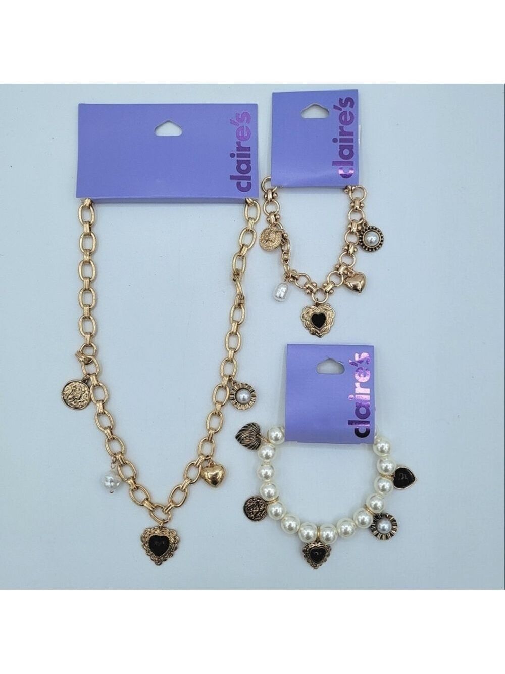 Claire's Gold & Black Charm Necklace & Bracelet Set NEW